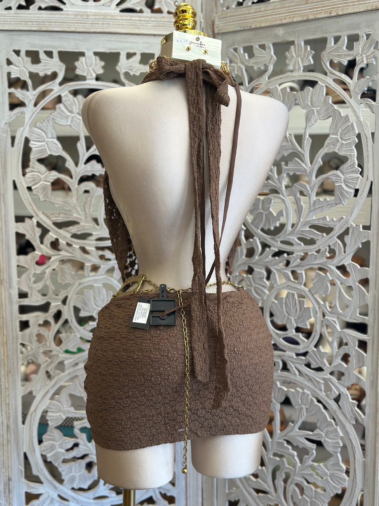 Brown Halter Cowl Neck Mini Dress-Estira Stretchy