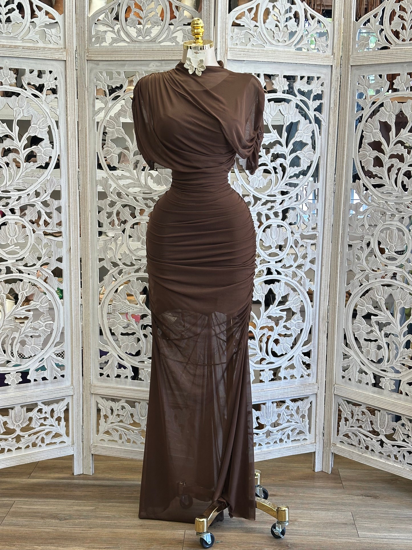 Earth Brown Shawl Maxi Dress- Stretchy, Estira