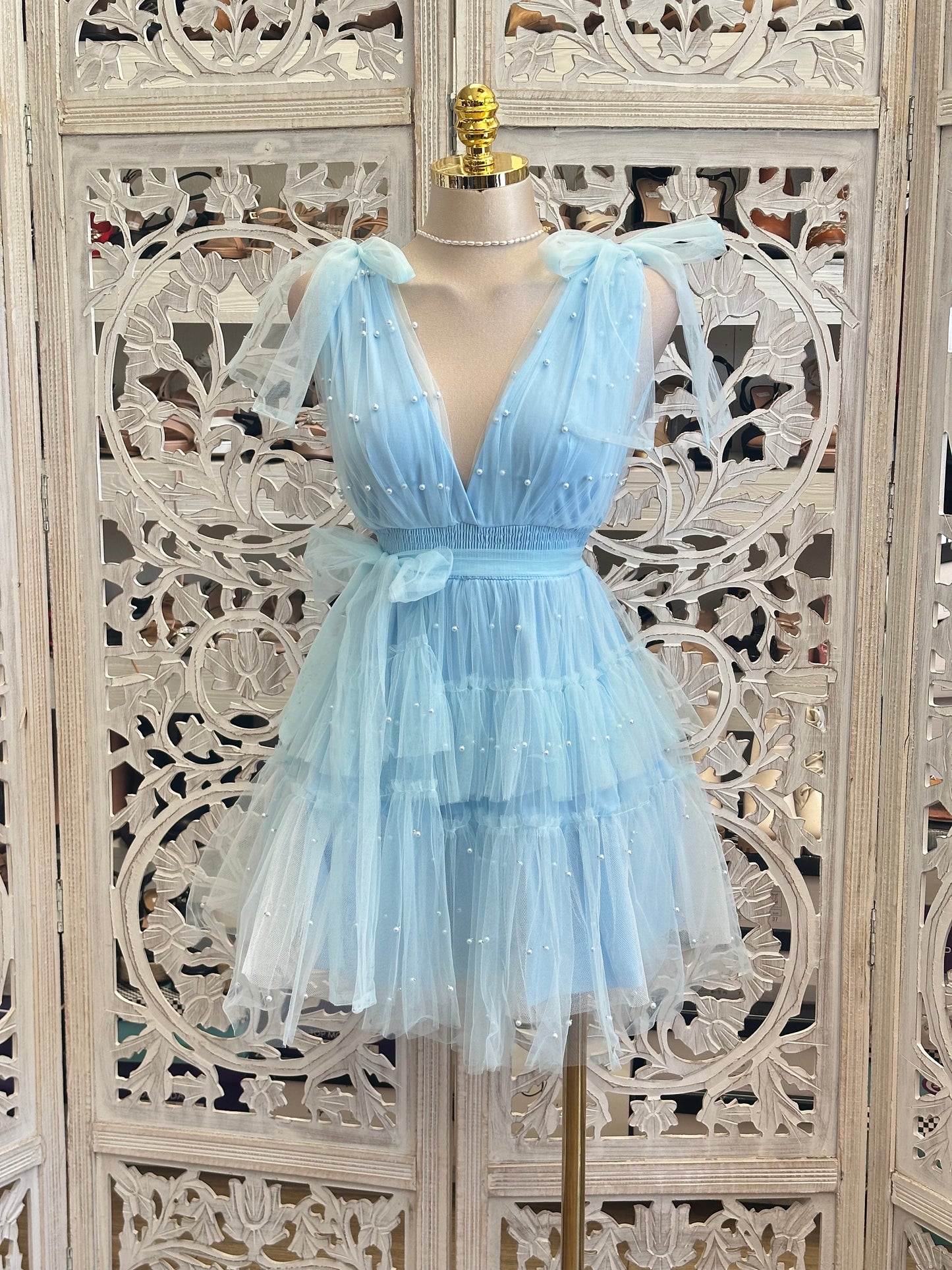 Tulle Blue Pearl Mini Dress - Estira, Stretchy