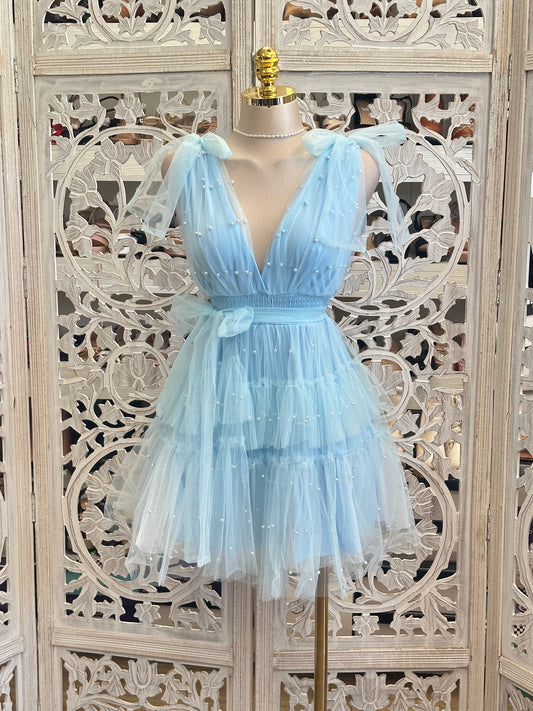 Tulle Blue Pearl Mini Dress - Estira, Stretchy