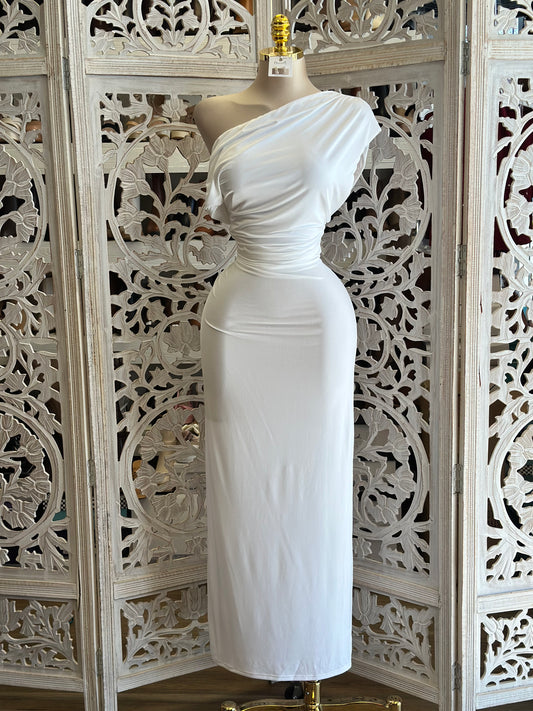 Dove White Asymmetrical Dress-Estira, Stretchy