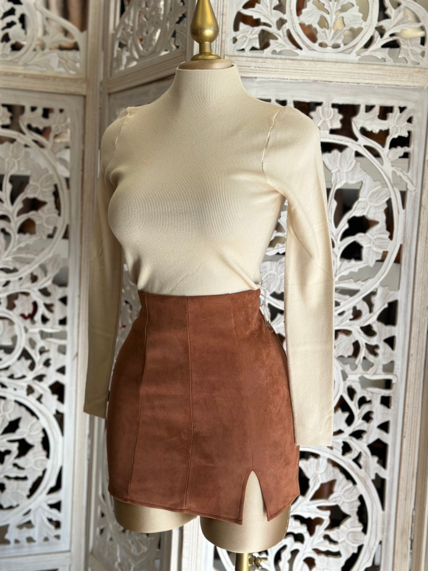 Copper Slit Suede Mini Skirt