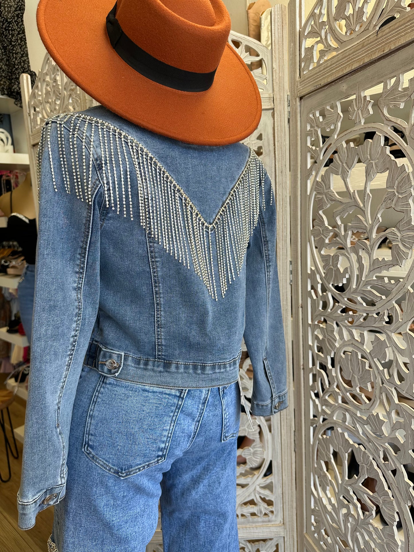 Rhinestone Fringe Denim Jacket- Stretchy