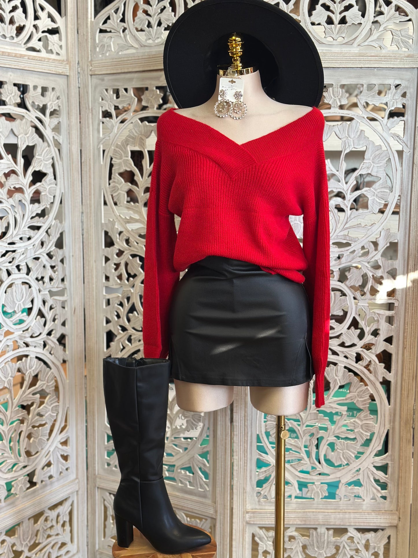 Red V Off Shoulder Knit Sweater