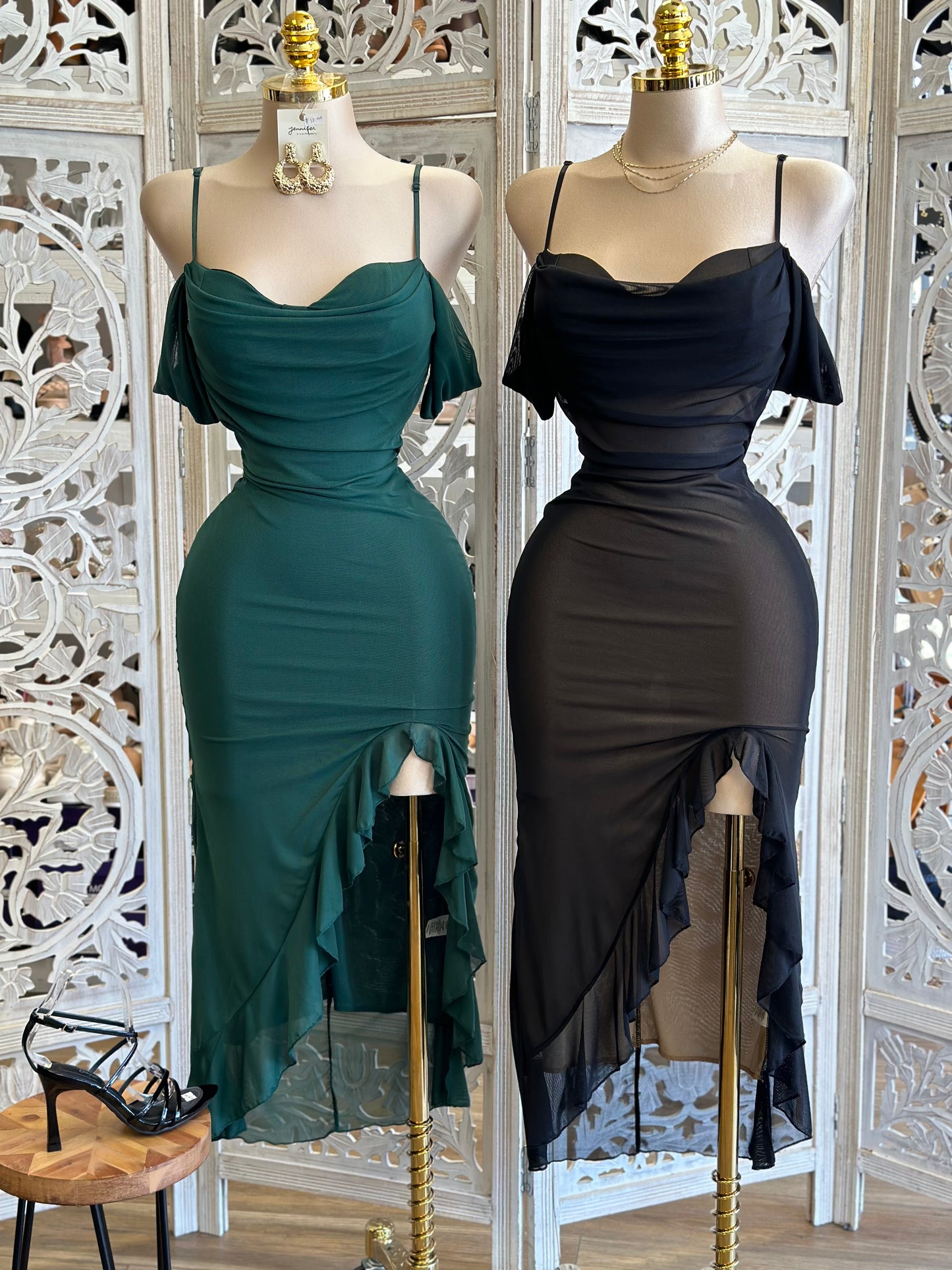 Mesh Off Shoulder Midi Dress- Stretchy,Estira