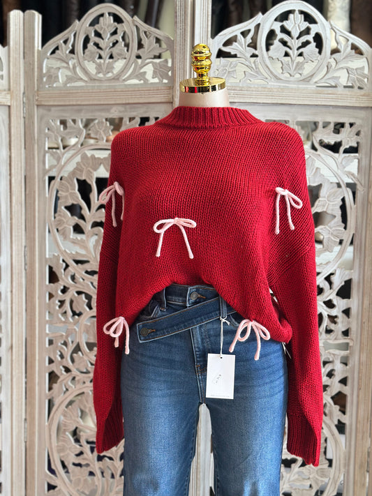 Bright Red Ribbon Detail Knit Sweater