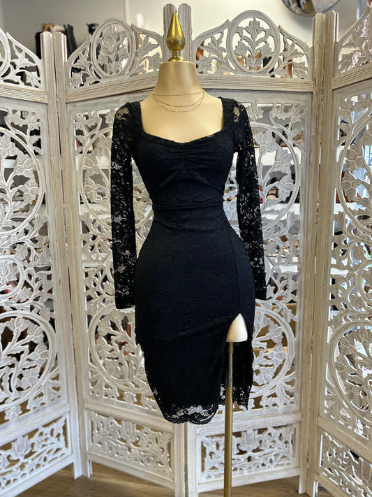 Black Lace Square Neck Slit Dress- Stretchy