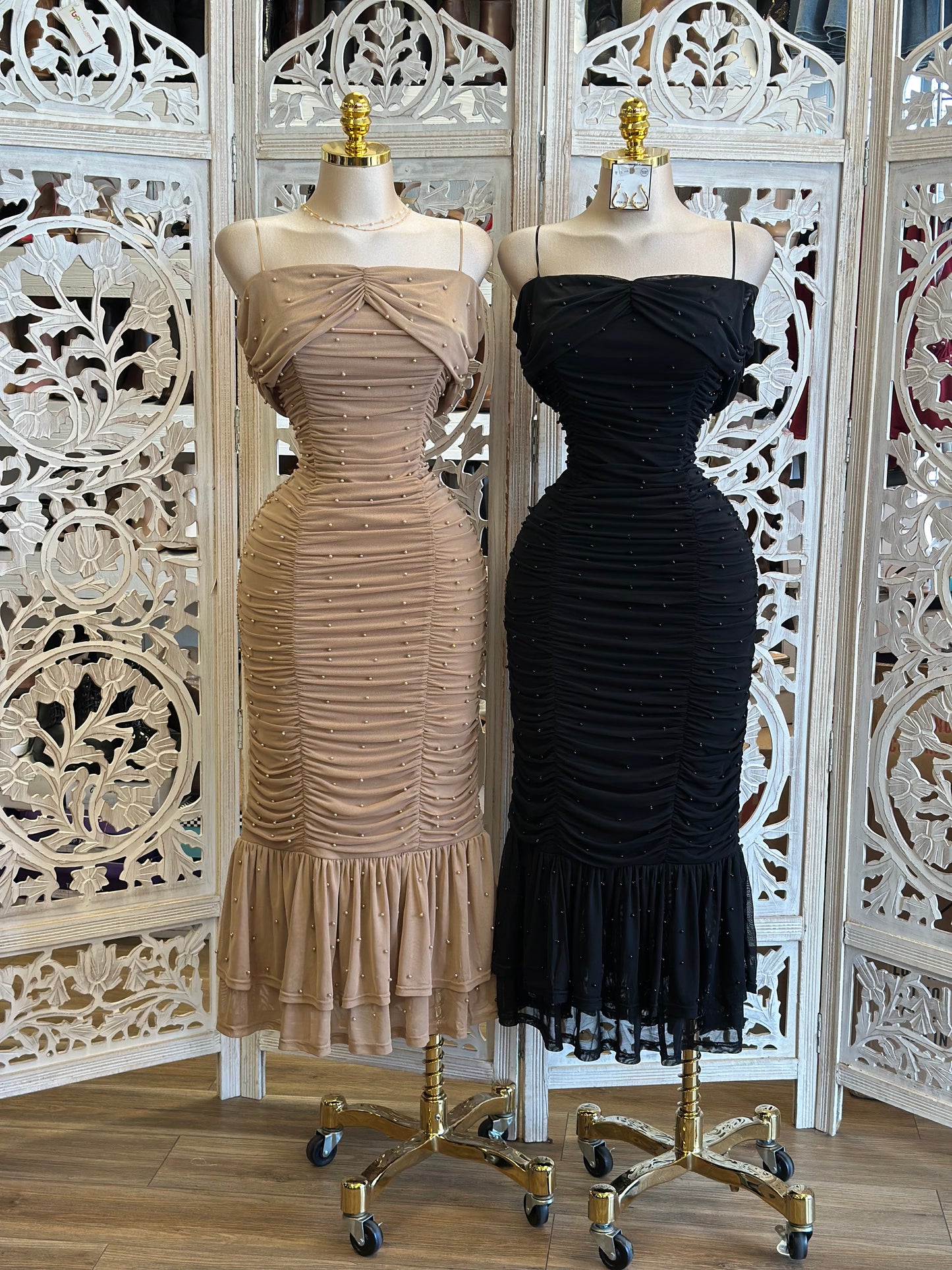 Ruched Embellished Midi Dress- Stretchy, Estira