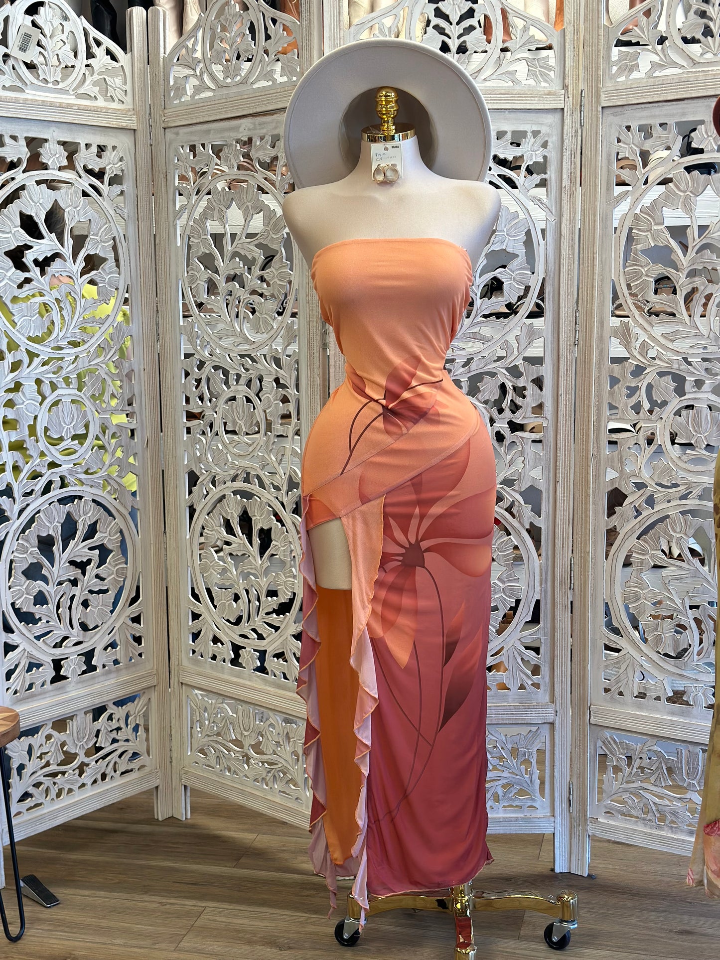 Strapless Orange Ruffle Dress - Estira, Stretchy