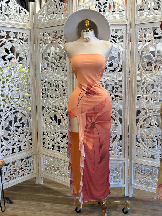 Strapless Orange Ruffle Dress - Estira, Stretchy