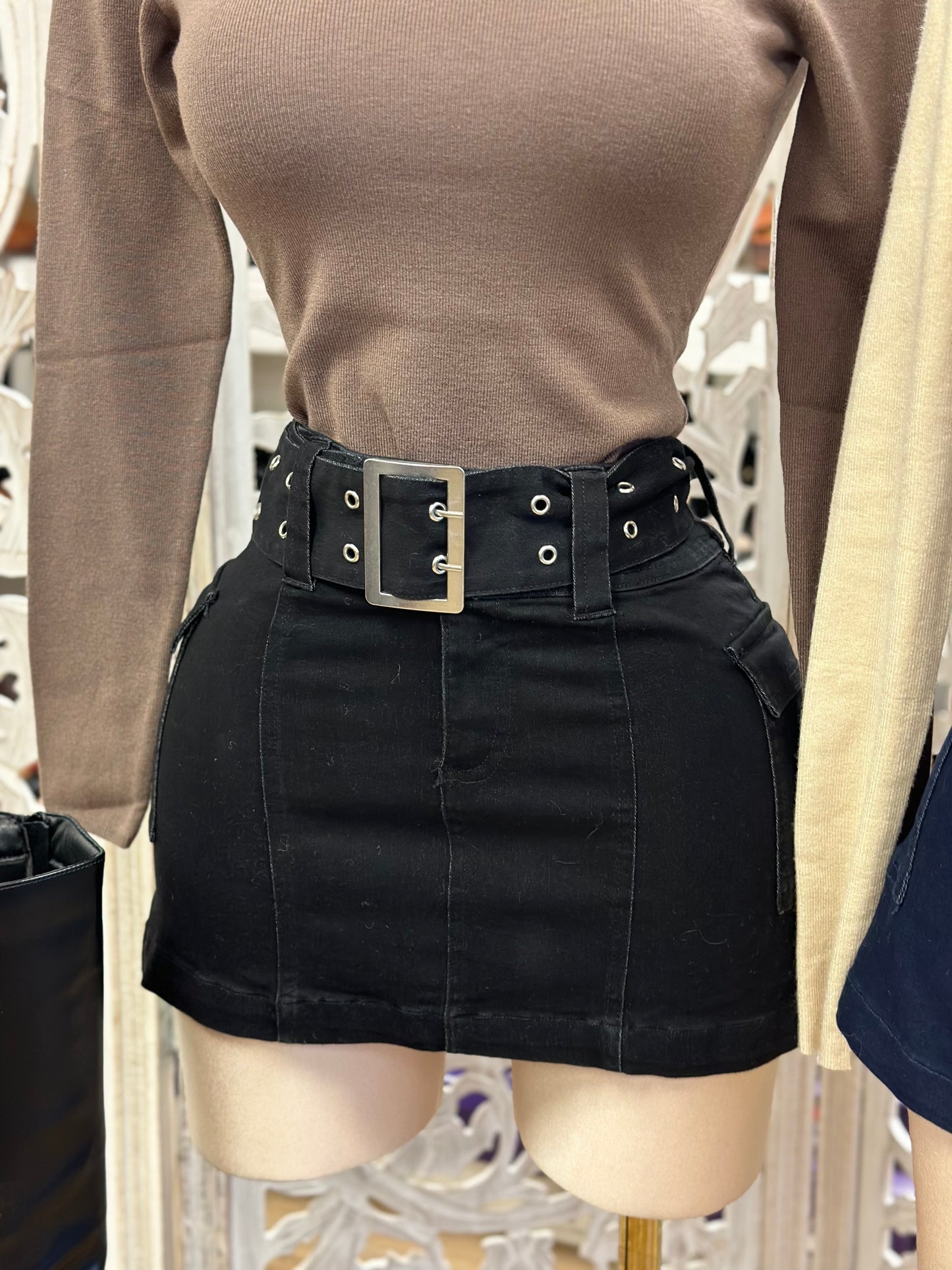 Buckle Belt Denim Mini Skirt-Estira, Stretchy