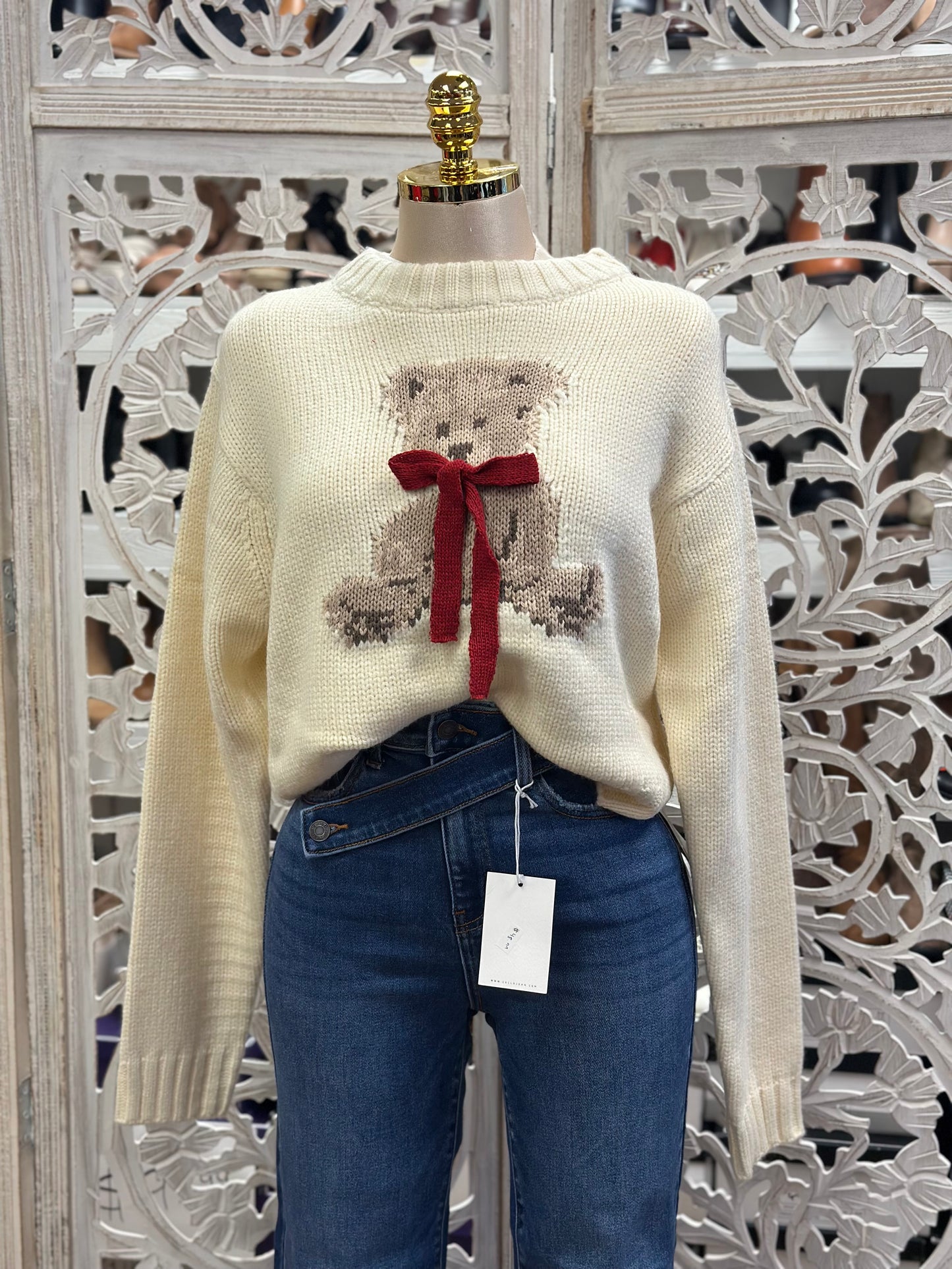 Teddy Bear Ribbon Cozy Sweater