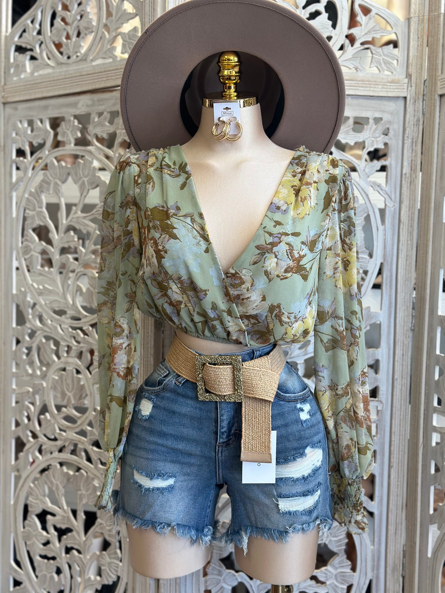 Sage Green Floral Wrapped Blouse - Stretchy, Estira