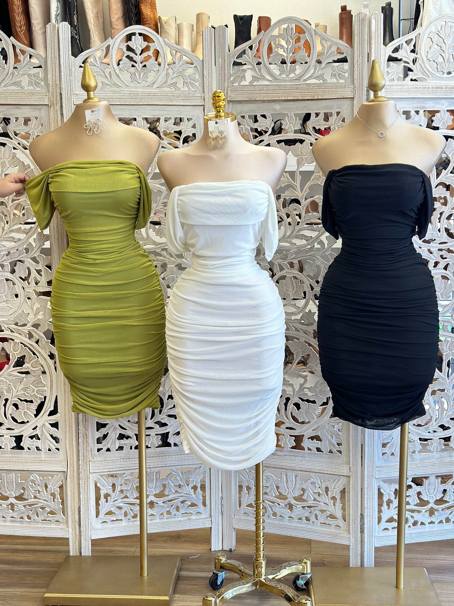 Off Shoulder Ruched Midi Dress - Estira, Stretchy