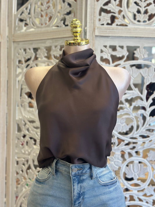 Brown Halter Backless Blouse