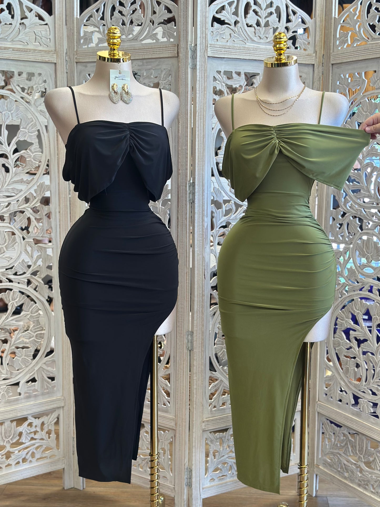 Draped Ribbon Oval Slit Midi Dress-Estira , Stretchy