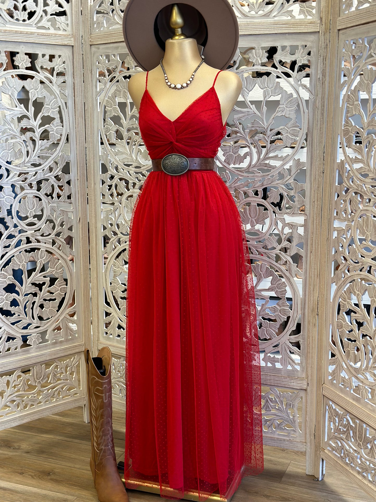 Red Knotted Tulle Maxi Dress- Not Stretchy