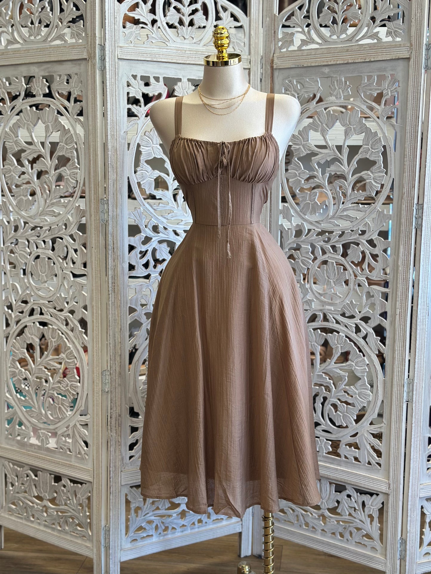 Brown Ruched Bust Mid Dress - Estira, Stretchy
