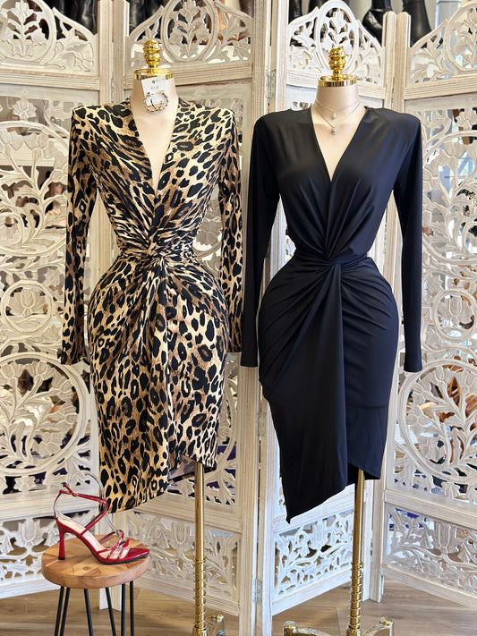Deep V Knotted Long Sleeve Dress- Stretchy