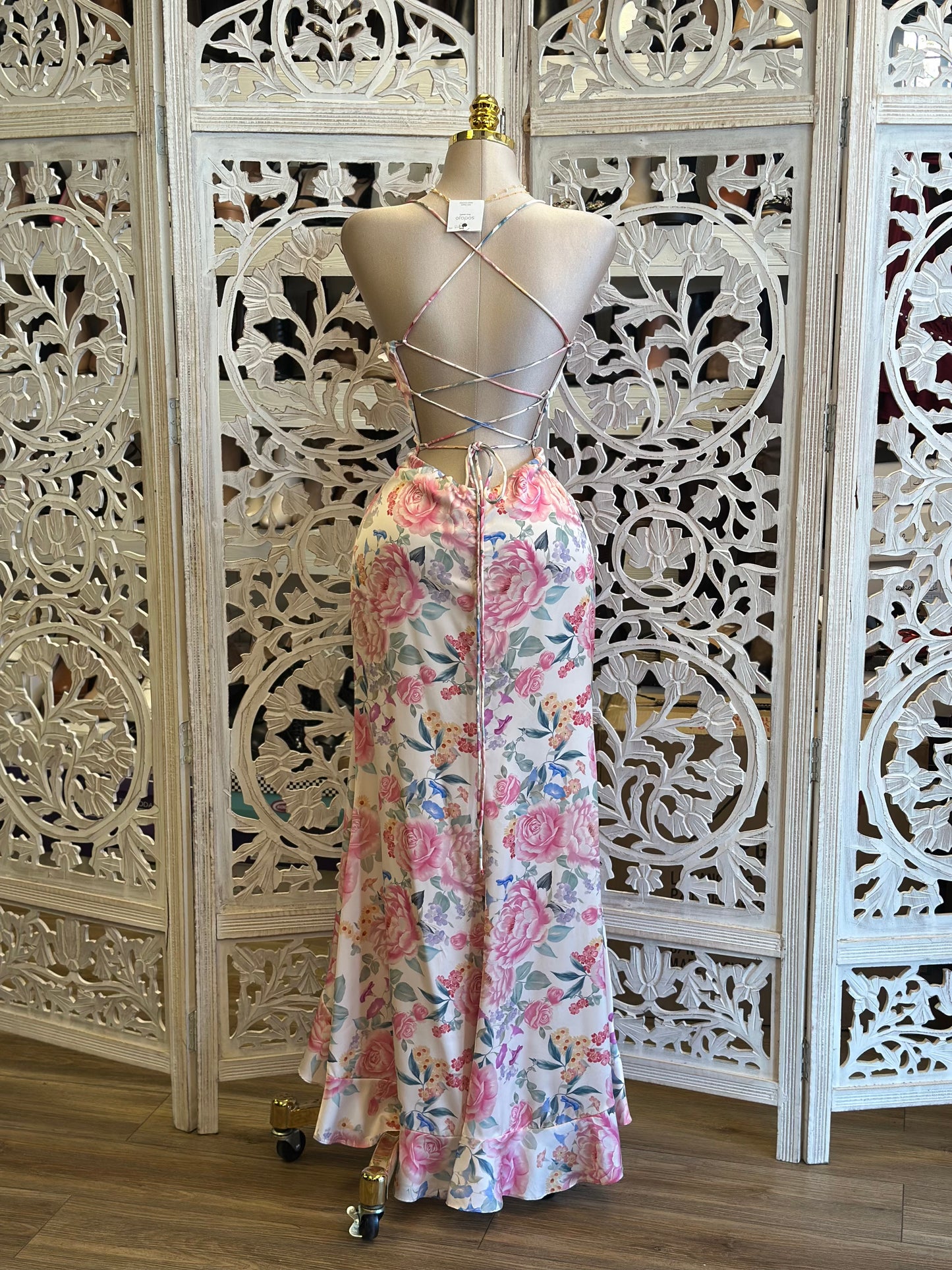 Satin Pink Floral Midi Dress-No Estira, Not Stretchy