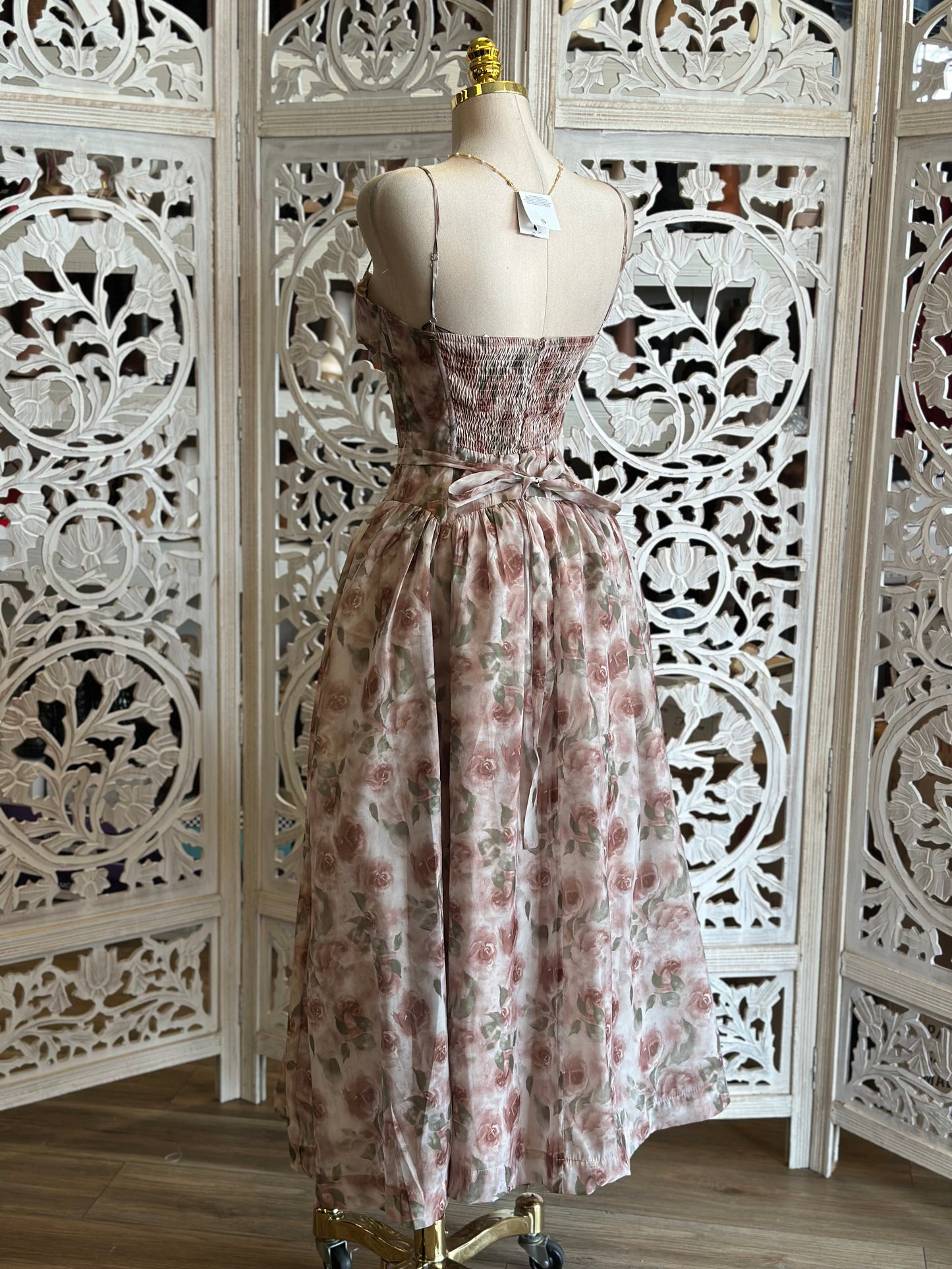 Floral Bow Puff Dress- Slightly Stretchy, Estira Poco