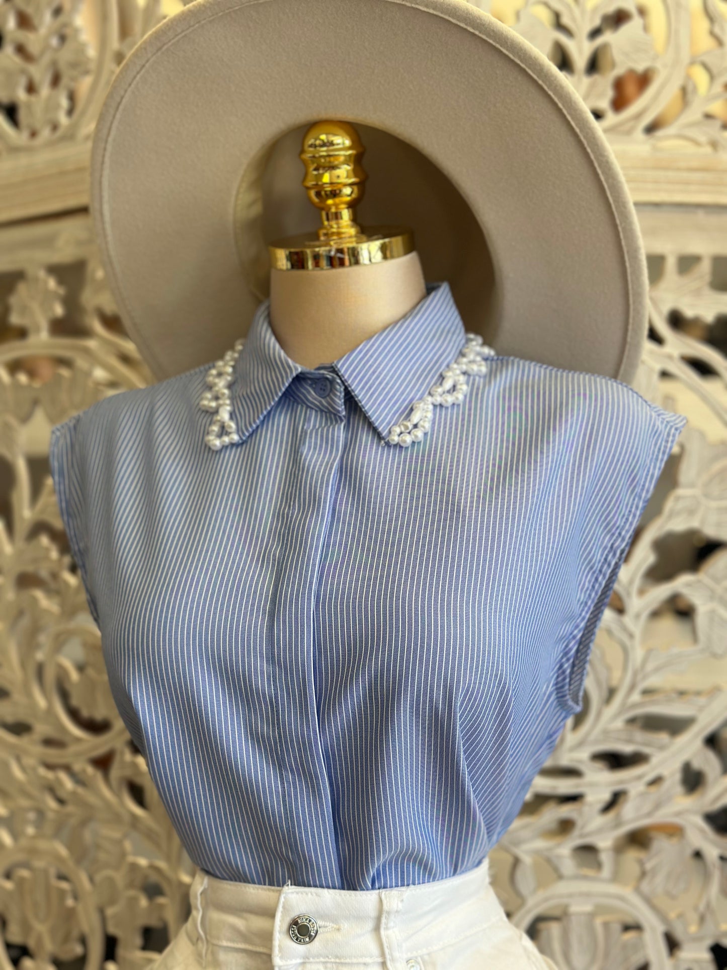 Blue Stripe Pearl Collar Blouse - Stretchy, Estira