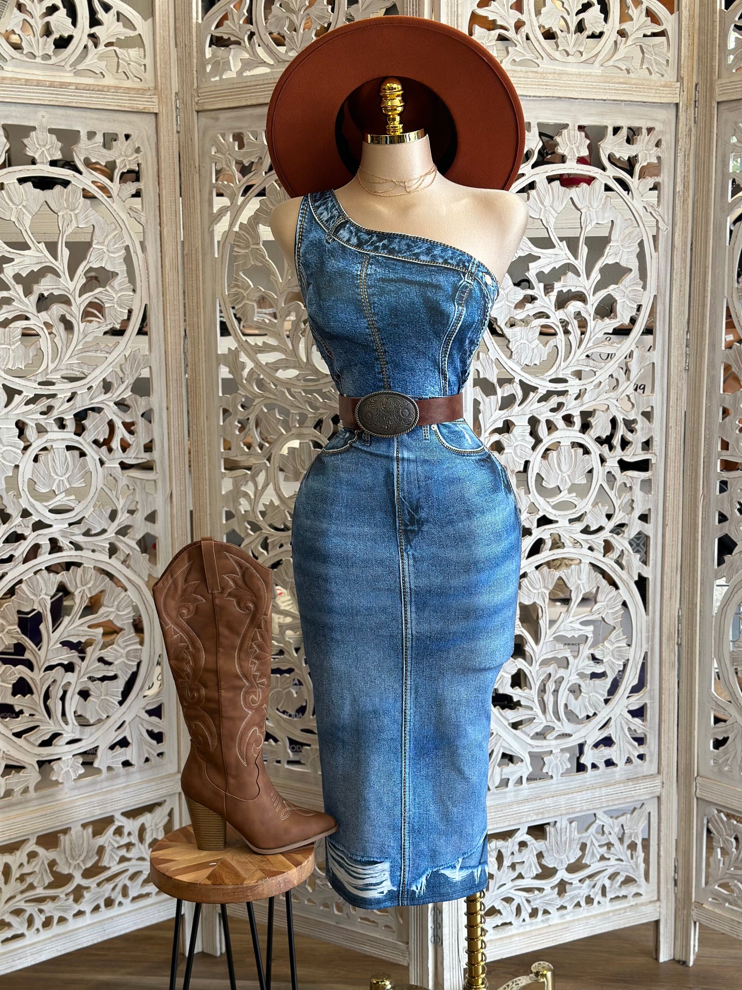 Faux Denim Print Dress - Estira(imitacion mezclilla, licra), Stretchy(faux denim, spandex)
