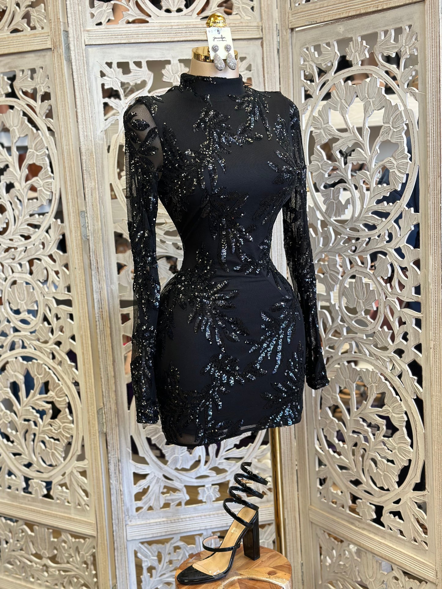 Sequin Black Mesh Mini Dress- Stretchy, Estira