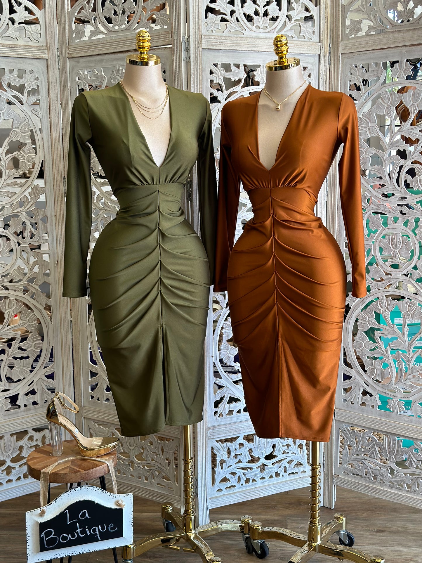 Deep V Long Sleeve Ruched Dress- Stretchy,Estira