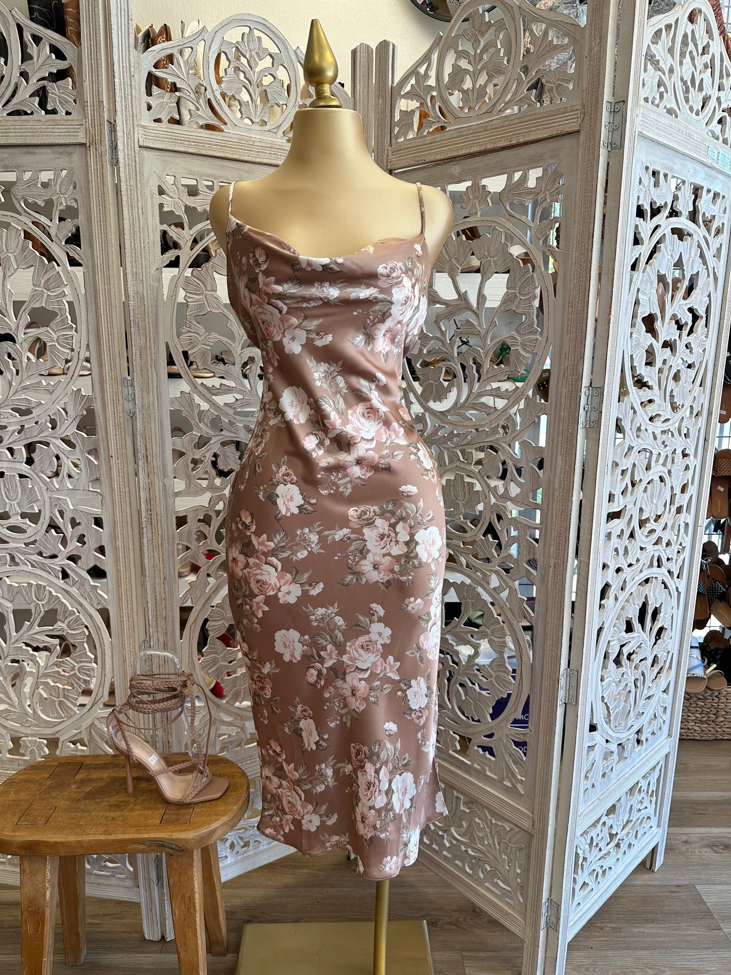 Beige Floral Cowl Midi Dress