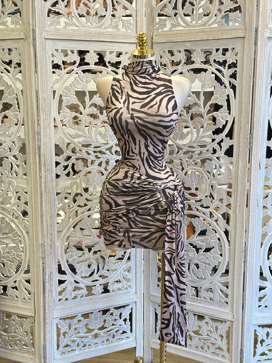 High-Neck Zebra Print Ruched Mini Dress- Estira, Stretchy