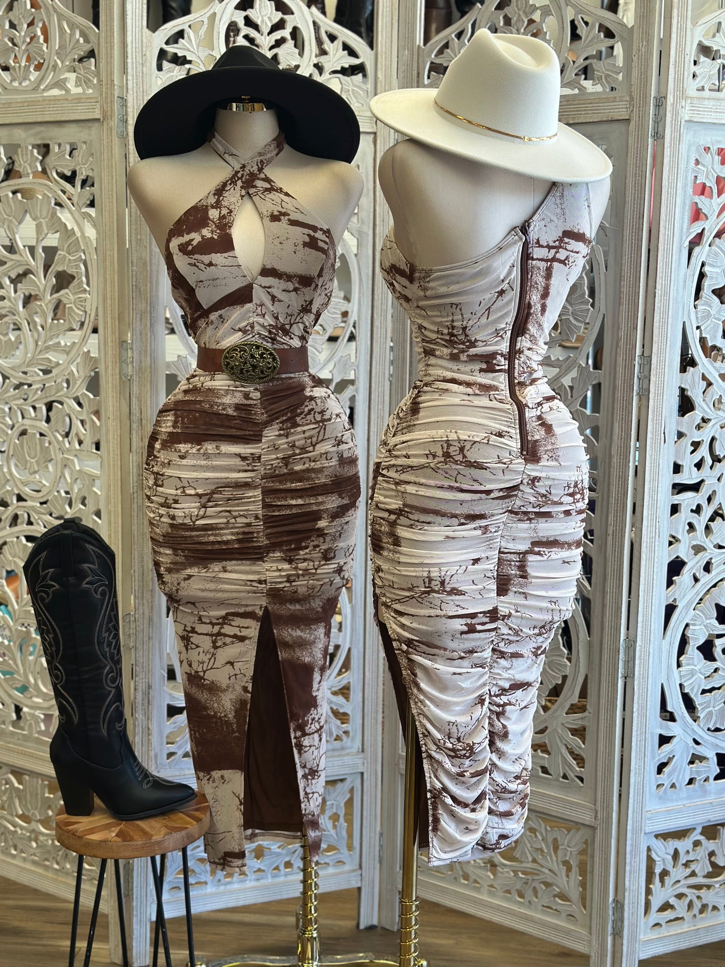 Brown Multi Pattern Dress- Stretchy, Estira
