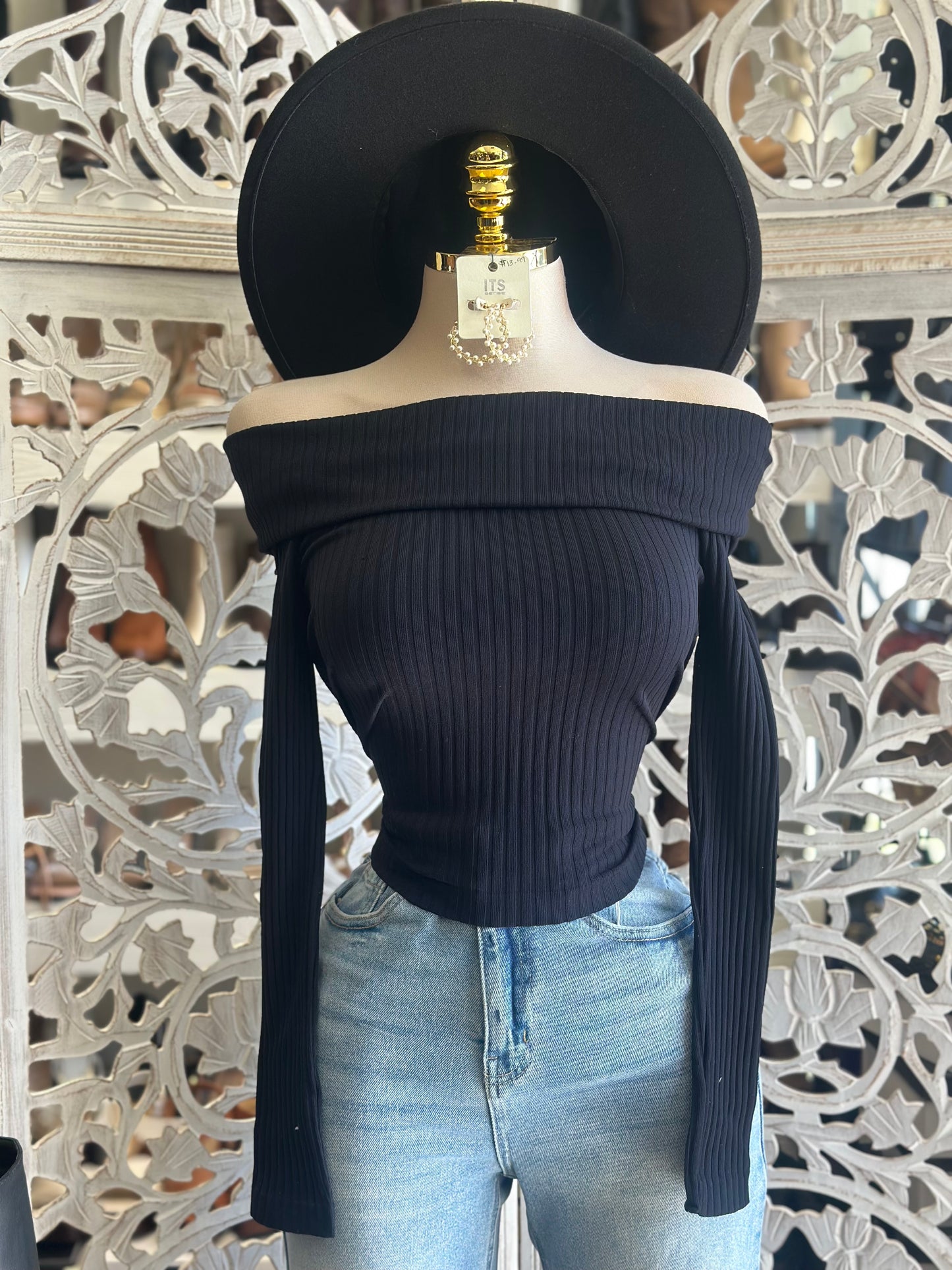 Off Shoulder Ribbed  Top- Estira, Stretchy