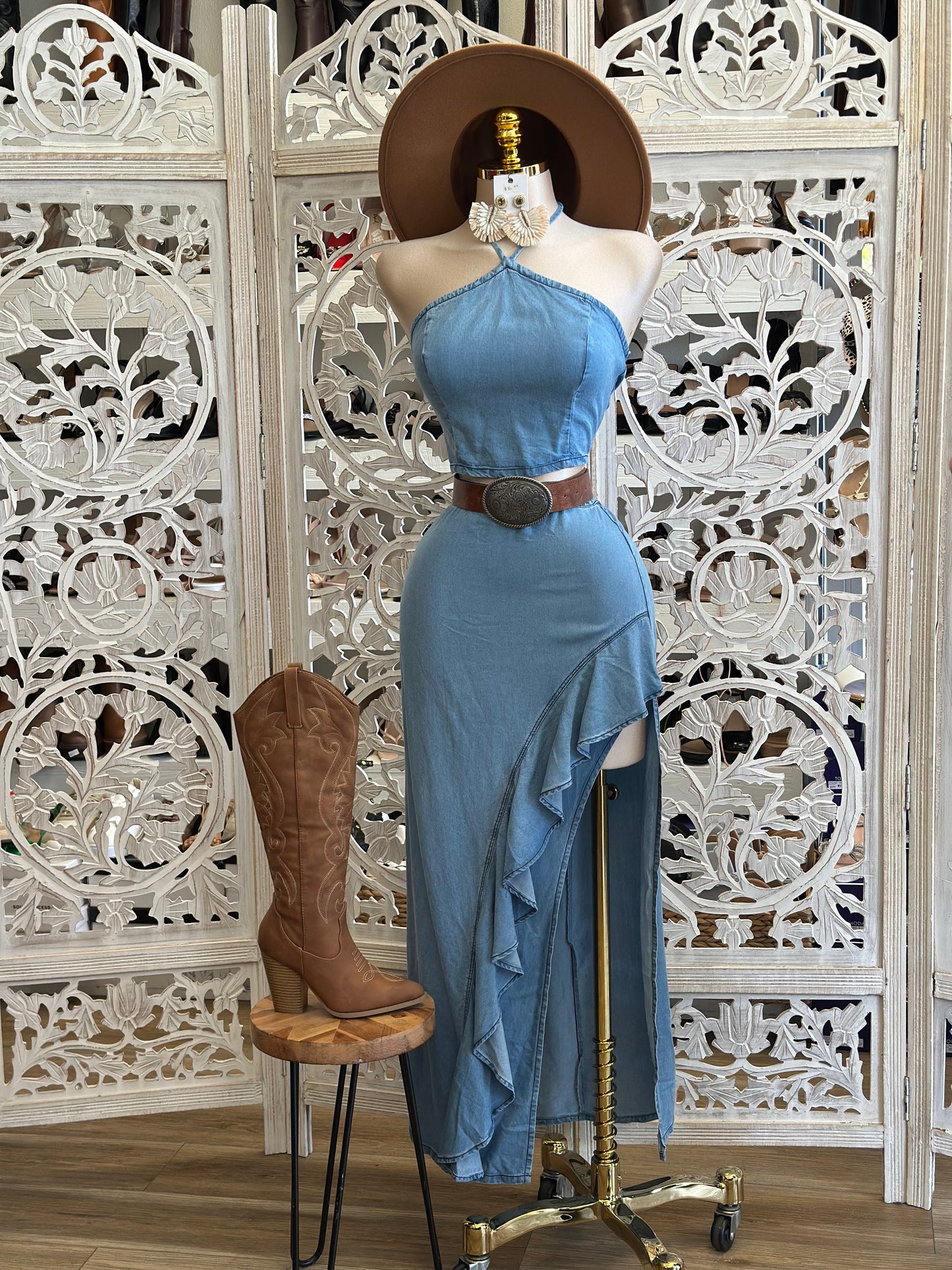 Denim High Neck High Low Set-No Estira, Jot Stretchy