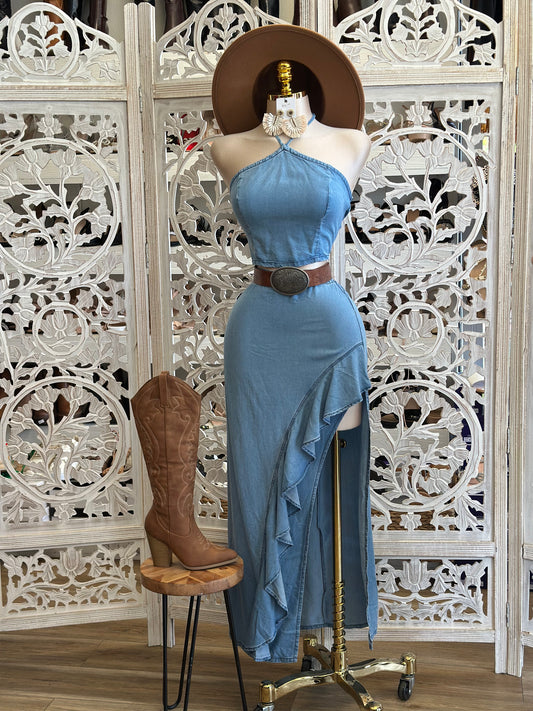 Denim High Neck High Low Set-No Estira, Jot Stretchy