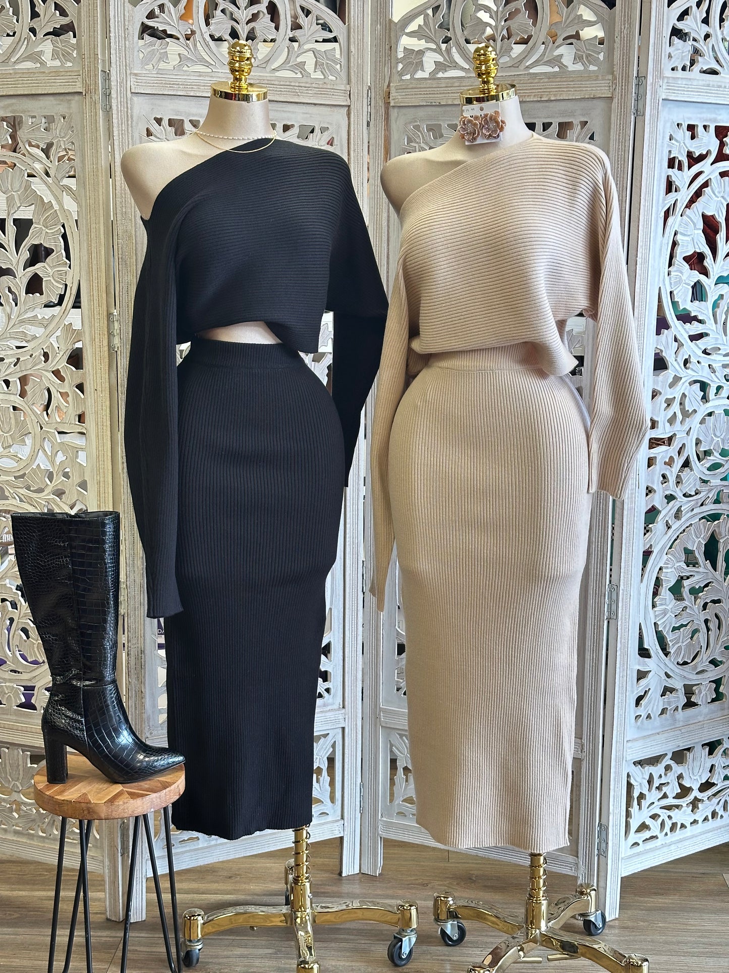 Ribbed Draped Shoulder Sweater  Set- Stretchy,Estira