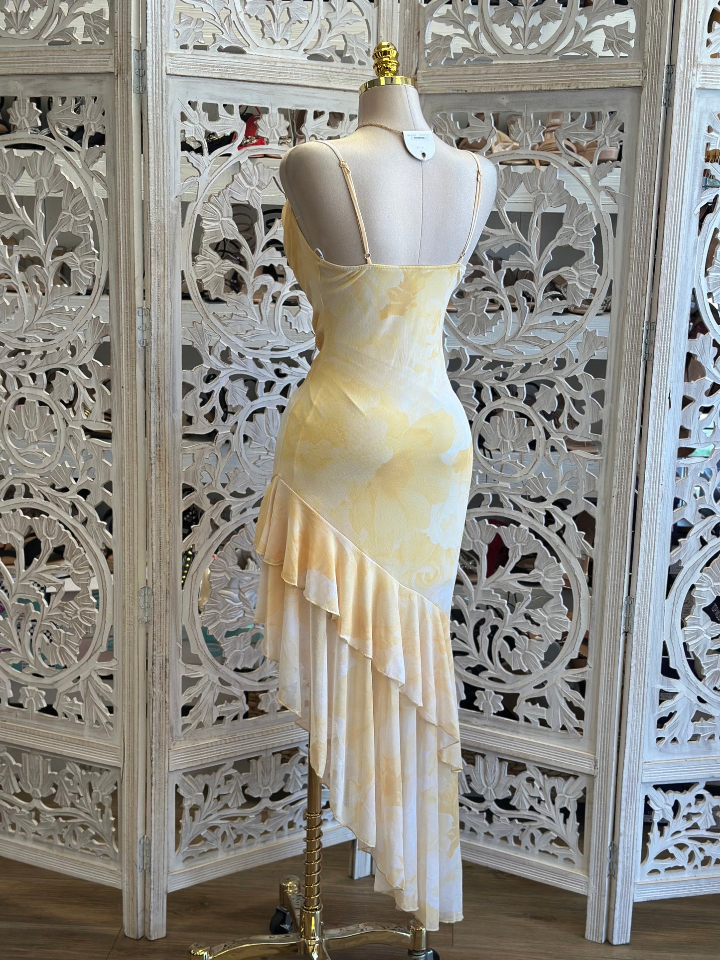 Yellow Print Asymmetrical Dress-Estira, Stretchy