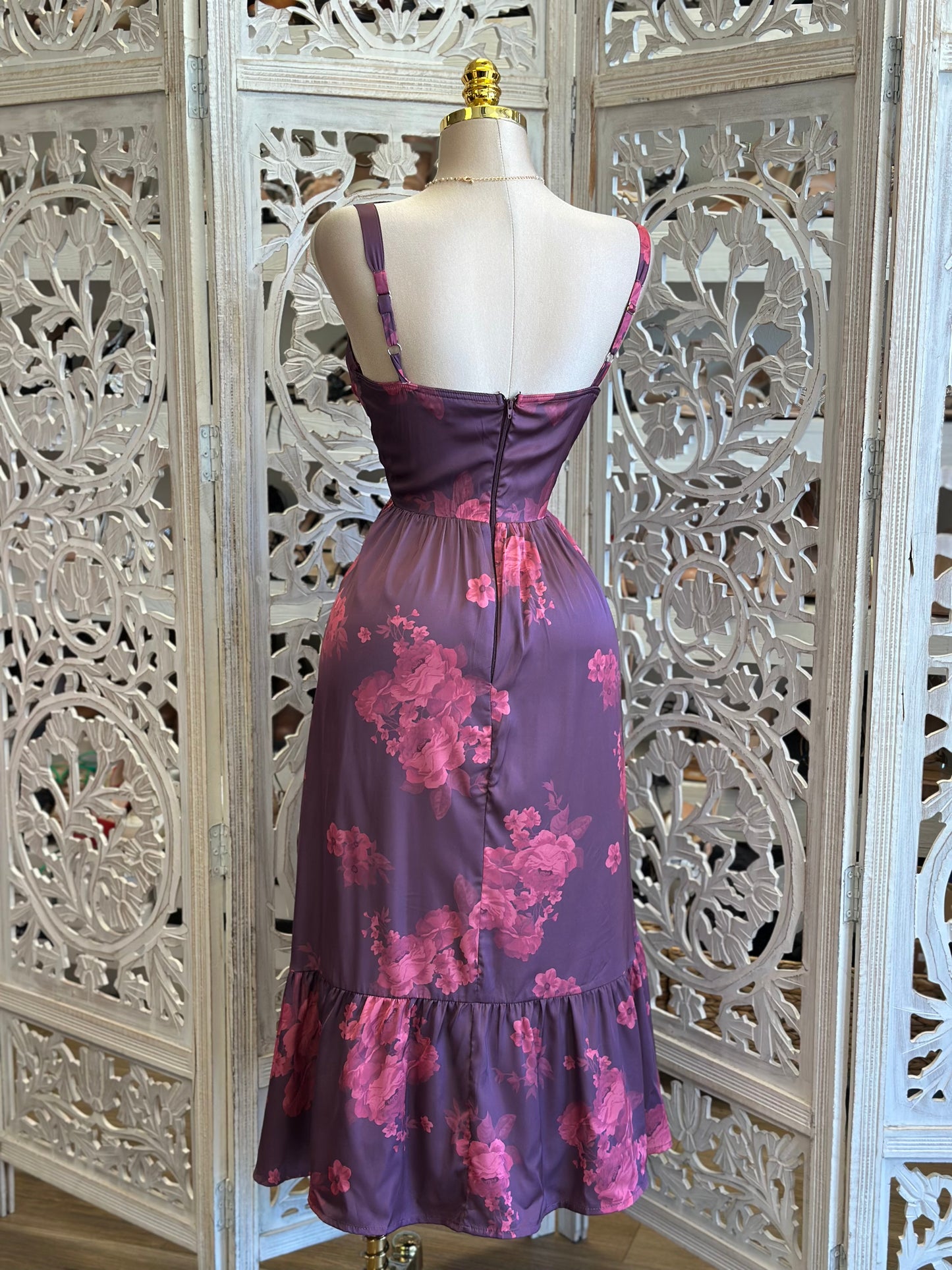 Mulled Berry Floral Midi Dress- Not Stretchy , No Estira
