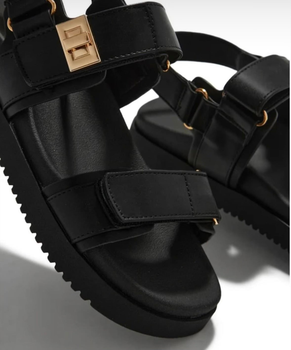 Black Two Strap Sandals with Gold Buckle