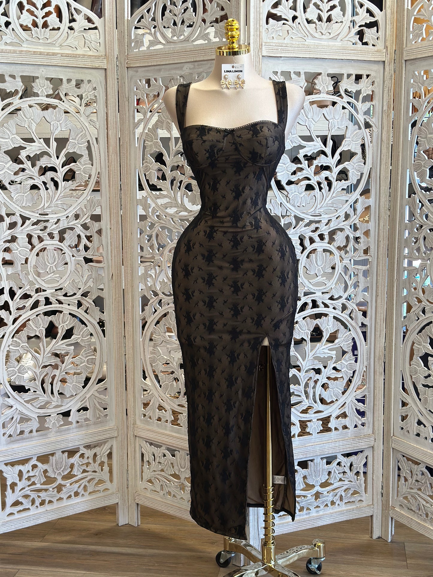 Nude and Black Lace Bodycon Midi Dress- Stretchy ,