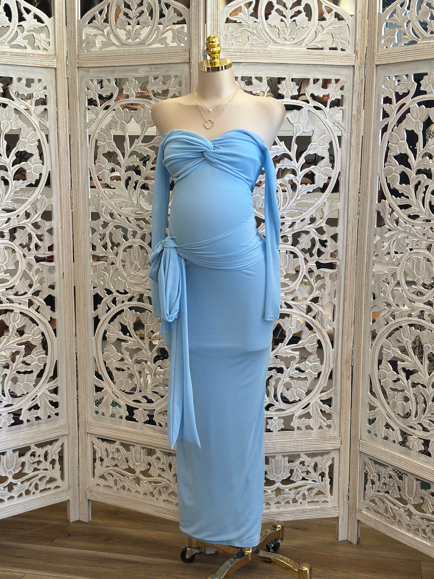 Blue Off Shoulder Knotted Dress - Estira, Stretchy