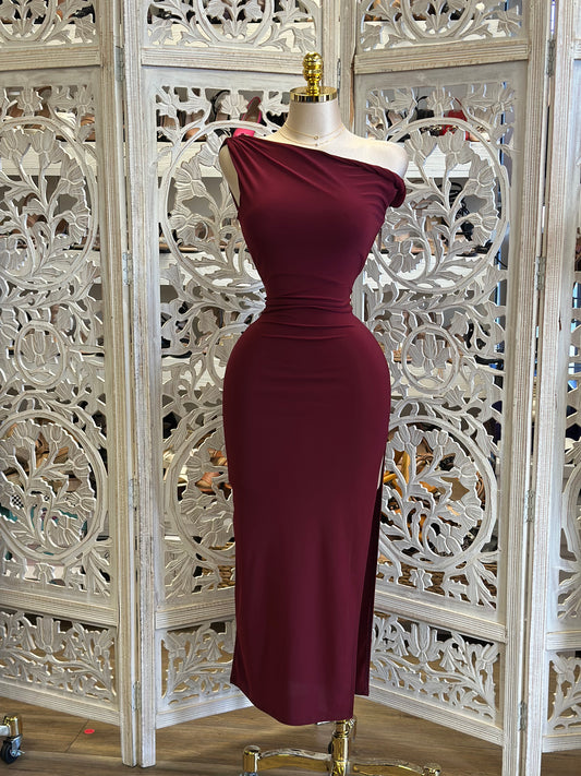 Burgundy Asymmetrical Knotted Dress -  Estira, Stretchy