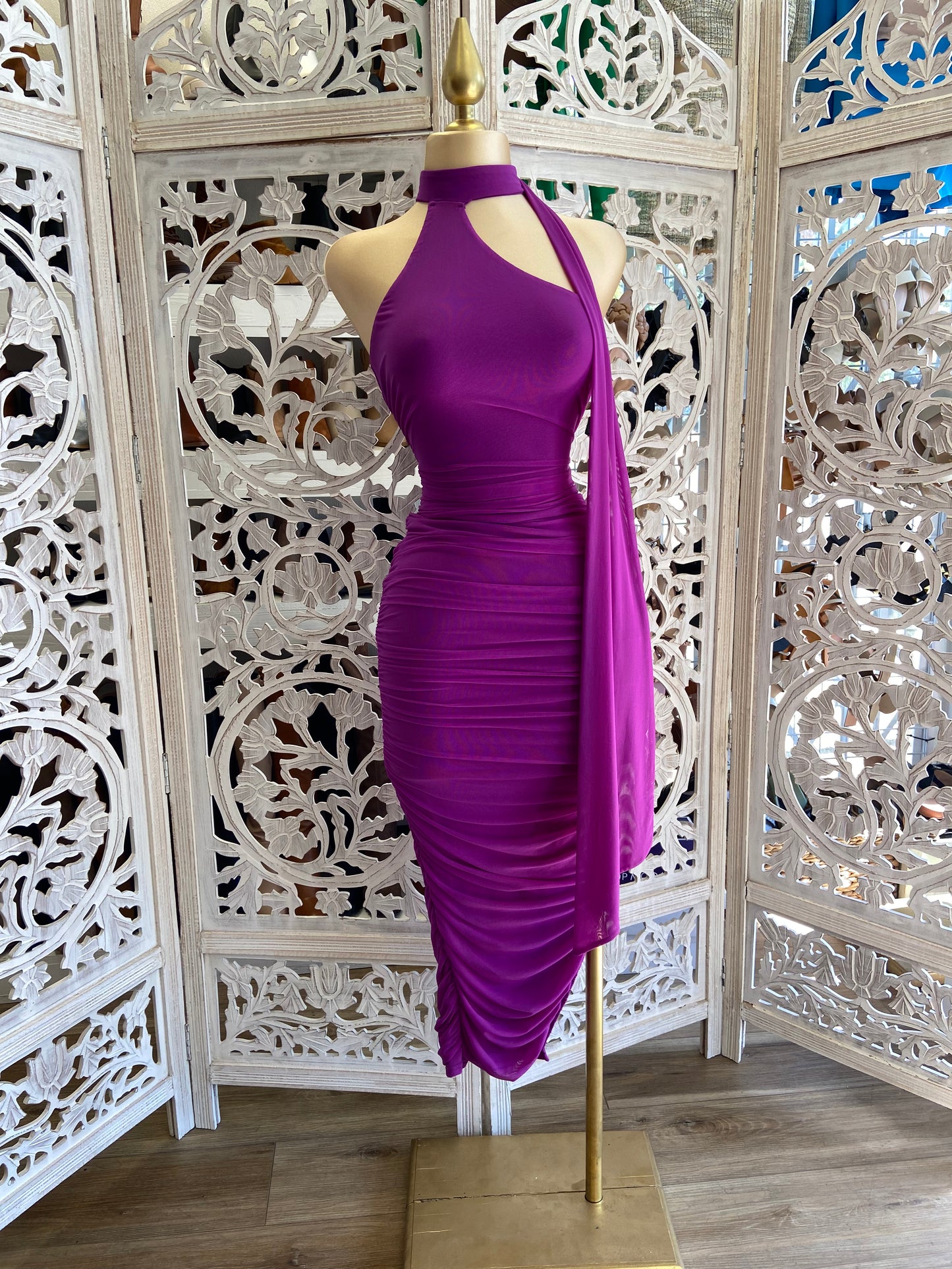 Halter Magenta Ruched Dress- Stretchy, Estira