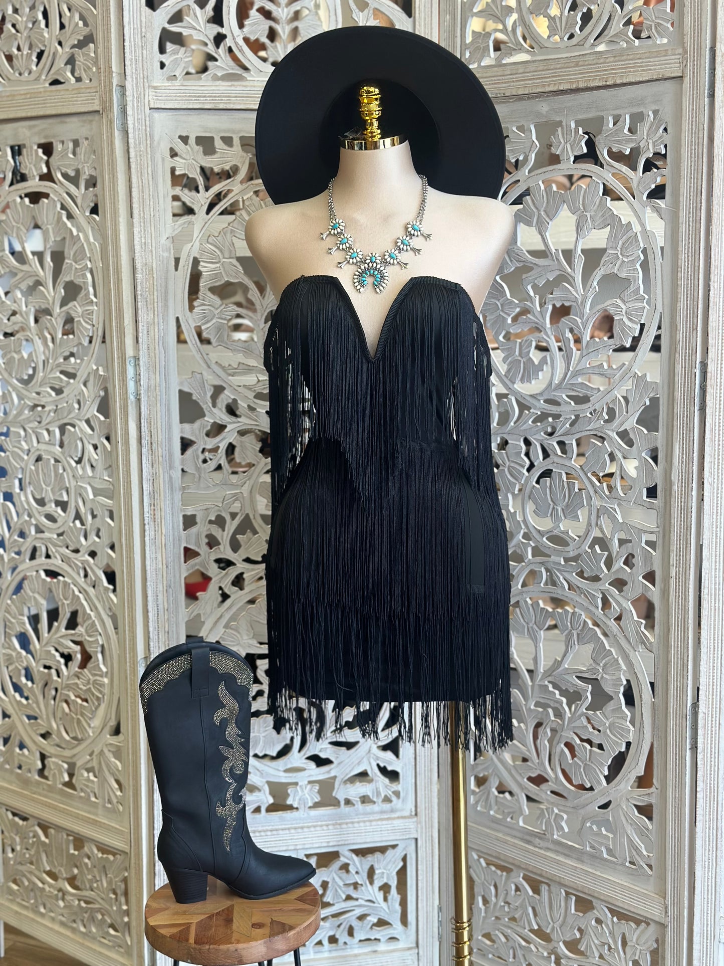 Black Fringe Dress- Stretchy, Estira