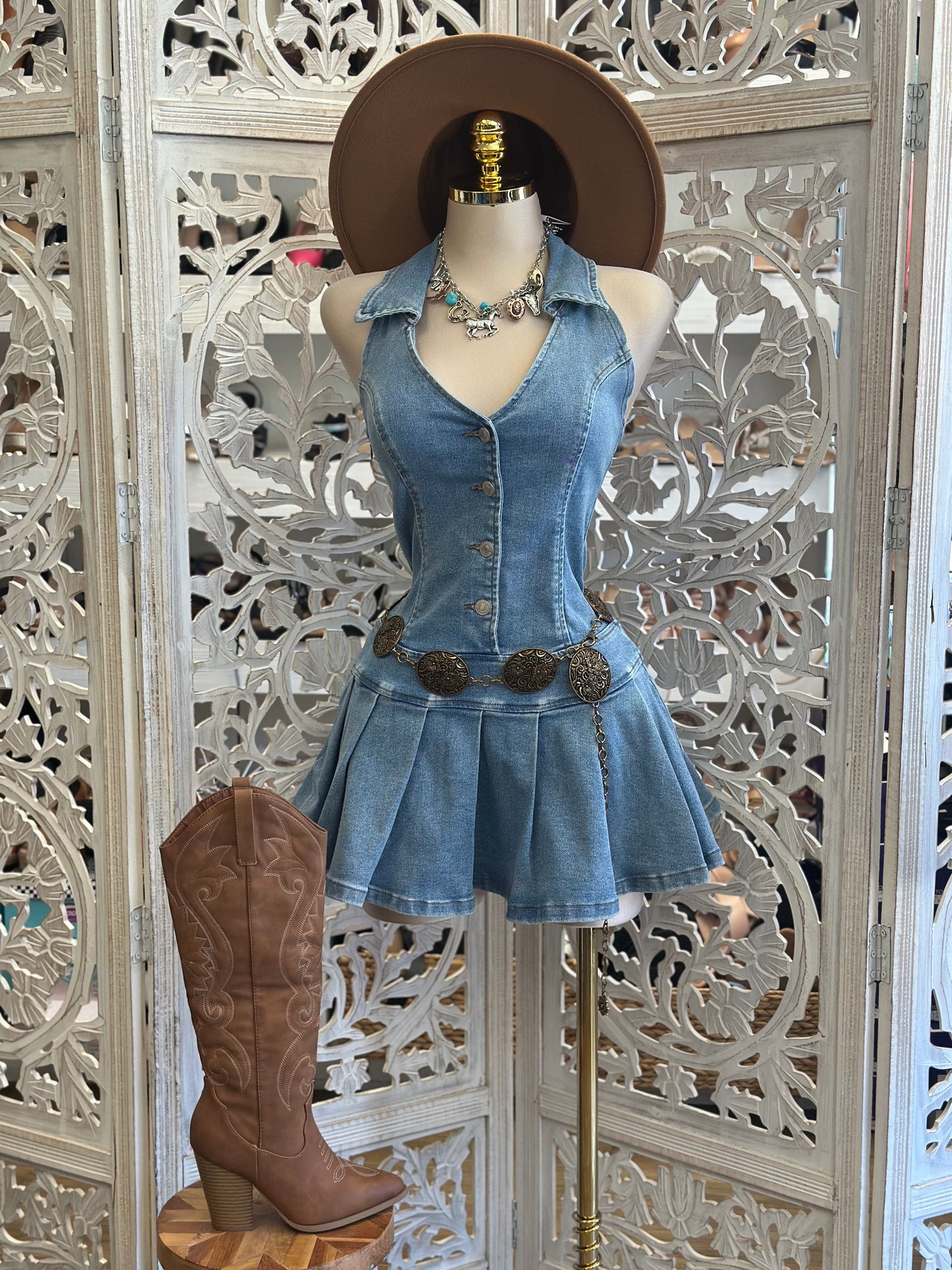 Collard Denim Fit and Flare Dress-Estira, Stretchy
