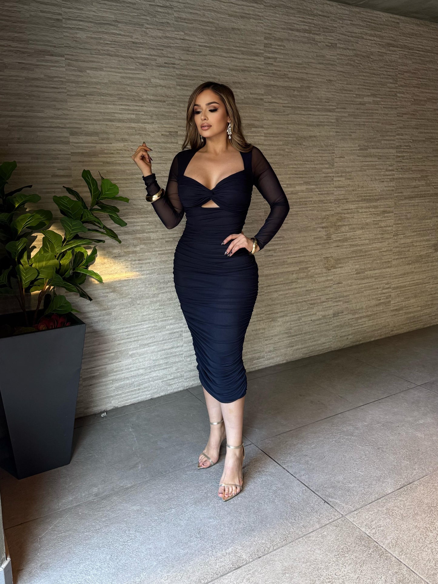 Navy Blue Mesh Sleeve Cutout Dress-Stretchy,Estira