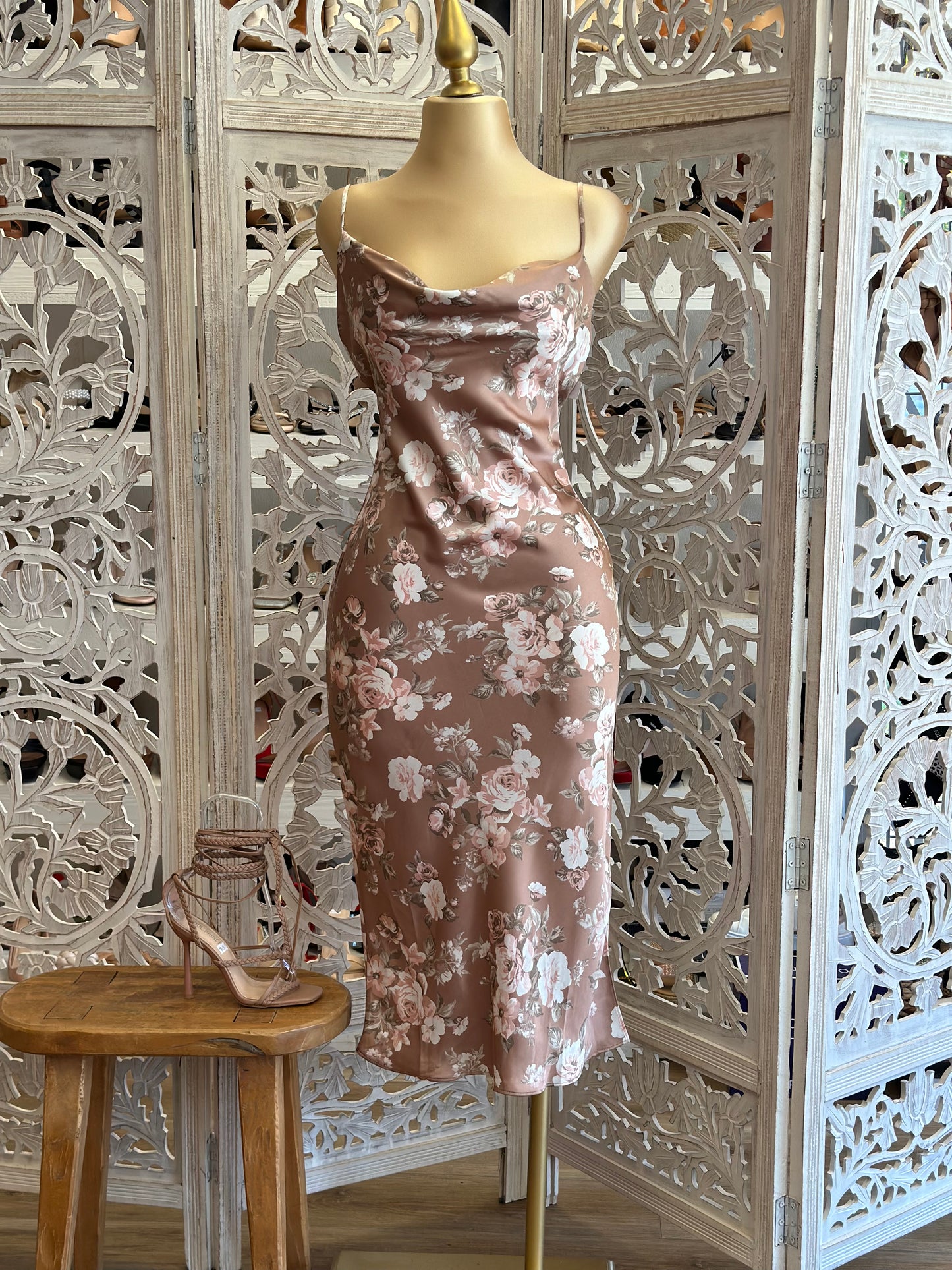 Beige Floral Cowl Midi Dress