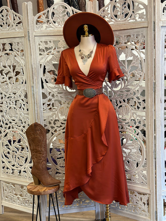 Deep Rust Wrapped Midi Satin Dress- Not Stretchy, No Estira