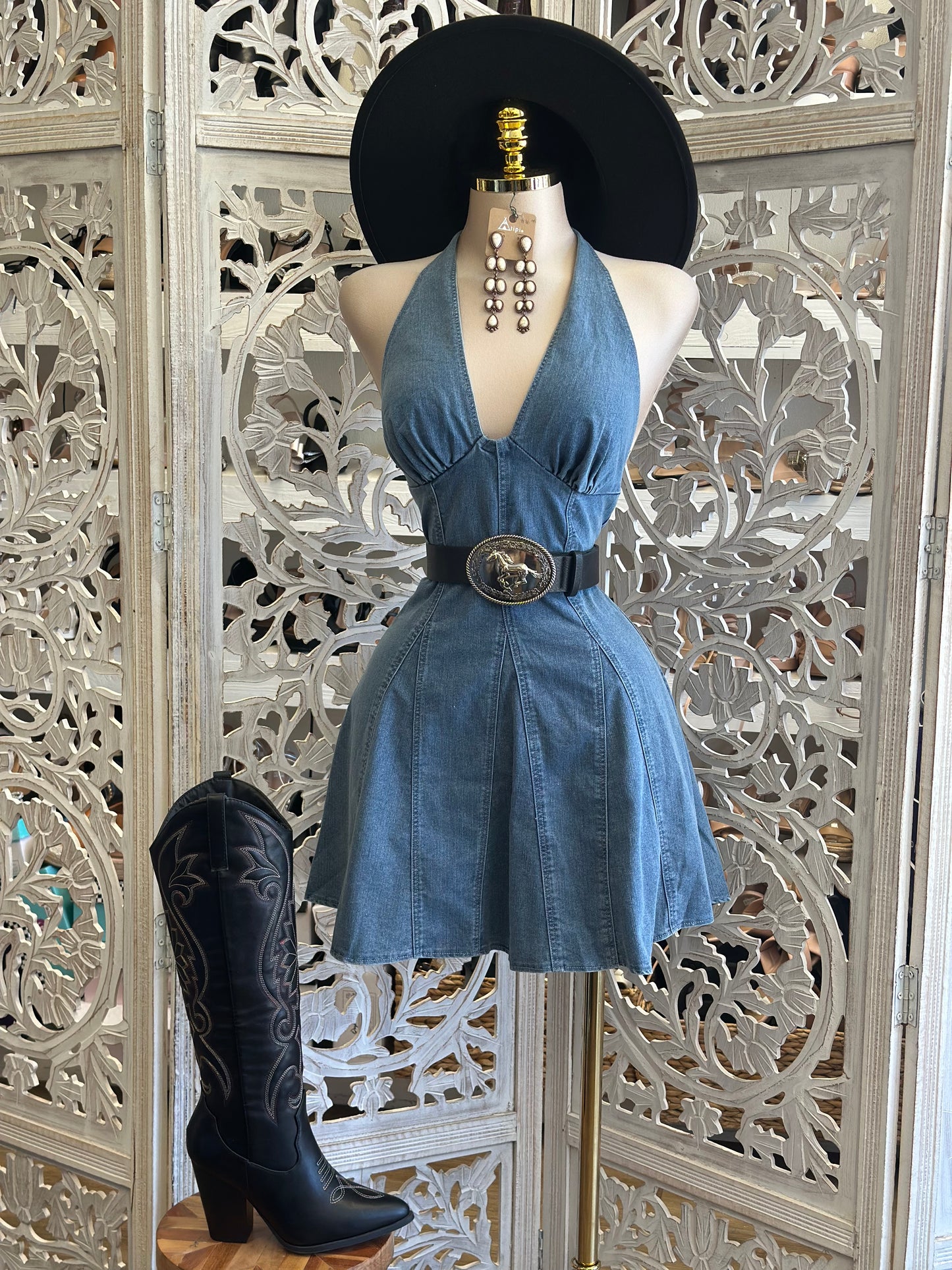 Deep V Denim Fit and Flare Dress-Estira, Stretchy