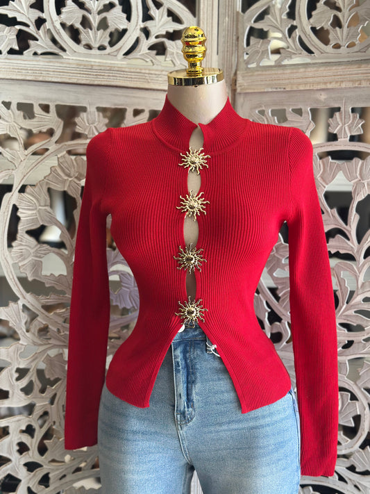 Red Sol Button Ribbed Sweater Top- Estira, Stretchy